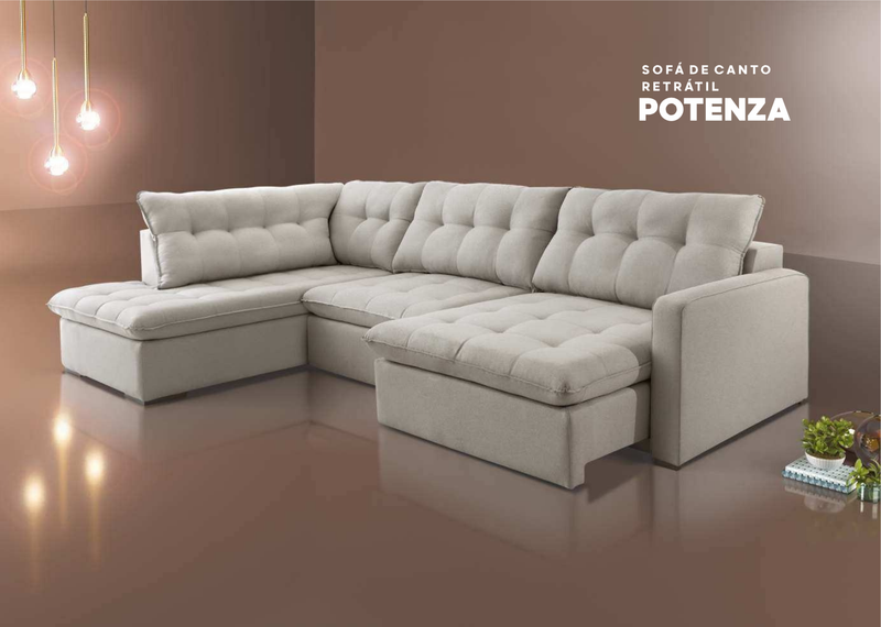 Sofá de Canto Retrátil Potenza Tecido Veludo Bege Claro 3.00m x 2.00m