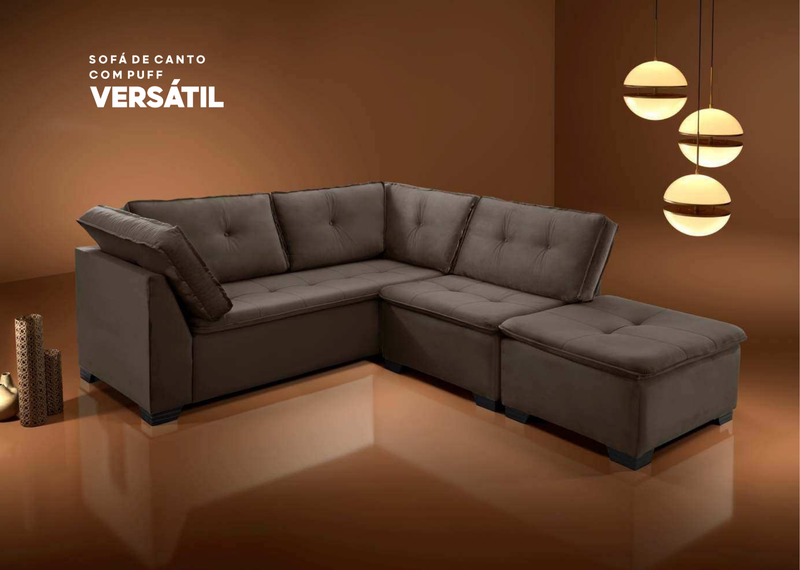 Sofá de Canto com Puff Versátil Tecido Veludo Marrom Terra 2.40m x 2.00m