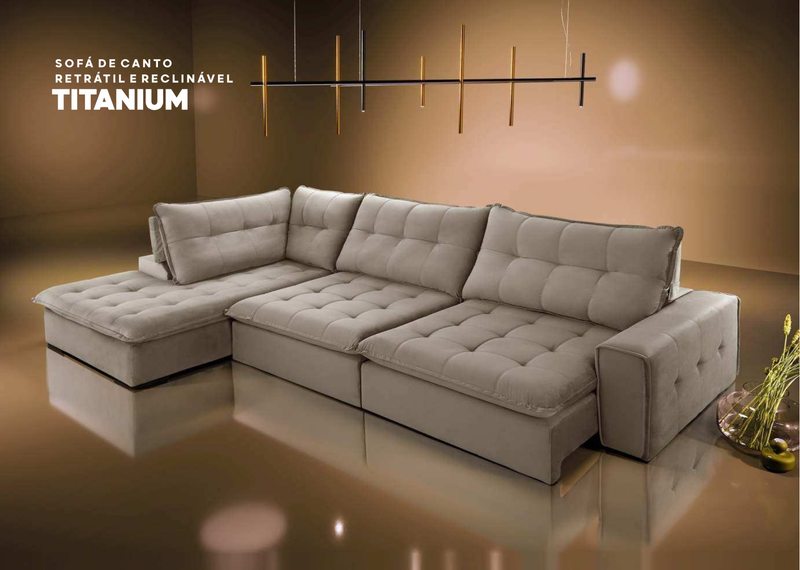 Sofá de Canto Retrátil e Reclinável Titanium Tecido Veludo Bege  3.00m x 2.00m