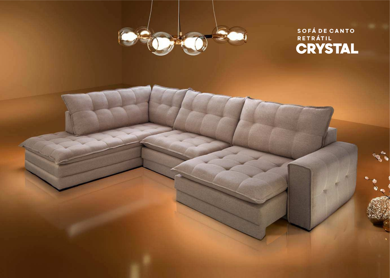 Sofá de Canto Retrátil Crystal Tecido Veludo Na Cor Bege 3.00mx2.00m