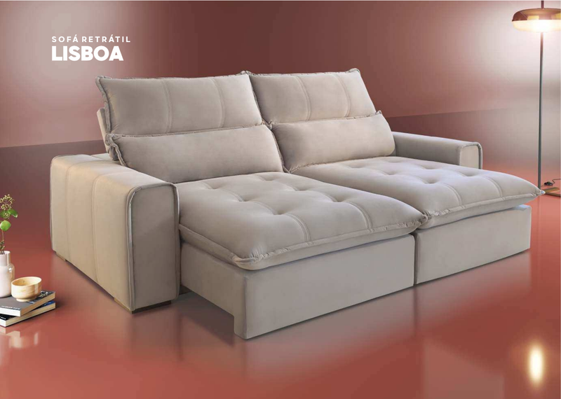Sofá Retrátil Lisboa Tecido Veludo Na Cor Bege 2.20m x 1.60m