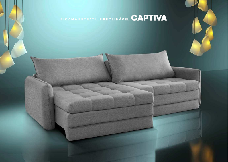 Sofá Bicama Retrátil e Reclinável Captiva Tecido no Linho na Cor Cinza 2.20m x 1.50m