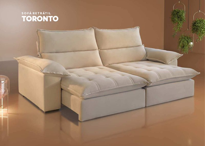 Sofá Retrátil e Reclinável Toronto Tecido Veludo Bege Claro 2.20m x 1.60m