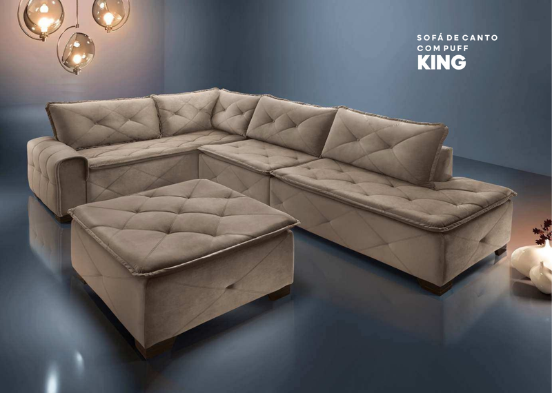 Sofá de Canto Com Puff King Tecido Veludo Na Cor Cappuccino 3.25m x 2.00m.