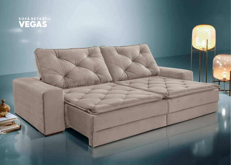 Sofá Retrátil e Reclinável Vegas Tecido Veludo Cappuccino 2.40m x 1.60m