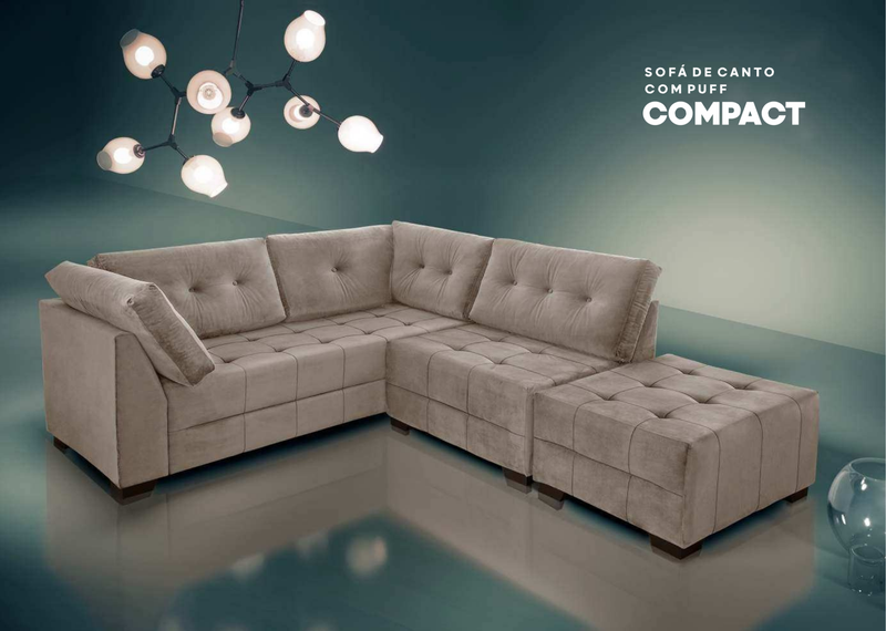 Sofá de Canto Compacto Tecido em Veludo na Cor Bege 2.50m x 2.10m