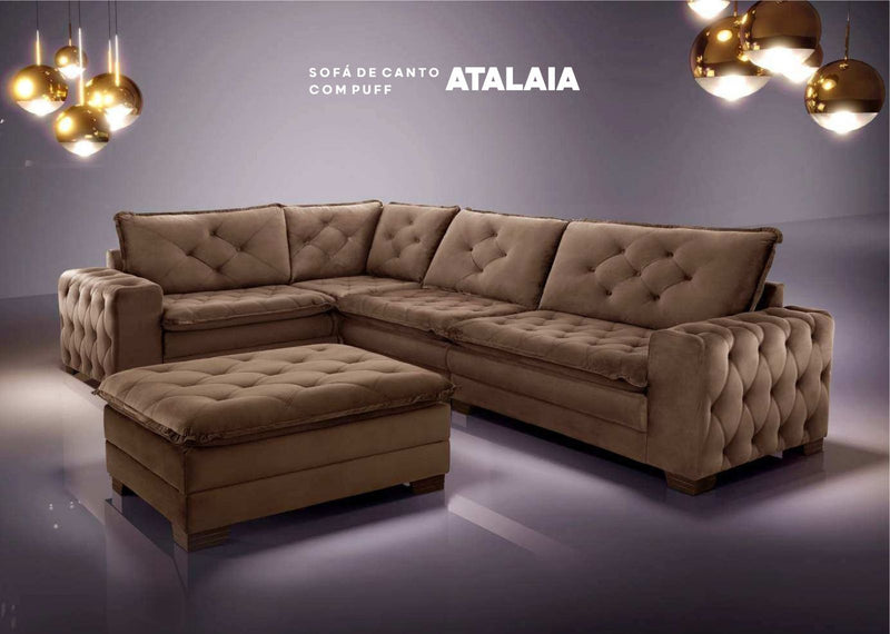 Sofá de Canto com Puff Atalaia Tecido Veludo Cor Marrom Café 3.00m x 2.00m